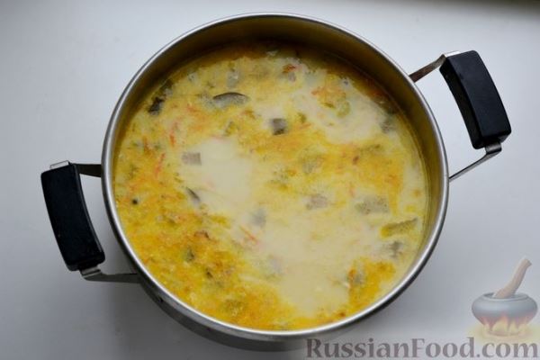 Сырный суп с курицей, солёными огурцами и рисом